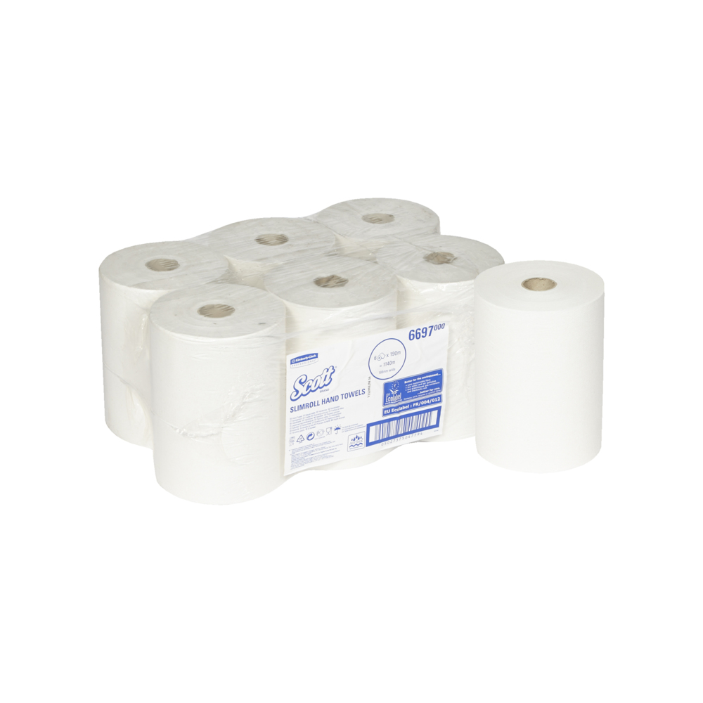 Scott® Slimroll™ Hand Towels 6697 - 190m white, 1 ply roll (pack contains 6 rolls) - 6697