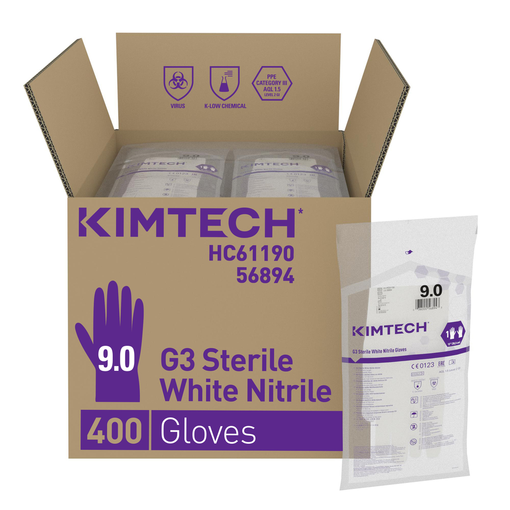 Kimtech™ G3 Sterile White Nitrile Hand Specific Gloves HC61190 - White, 9, 10x20 pairs (400 gloves), length 30.5 cm - HC61190