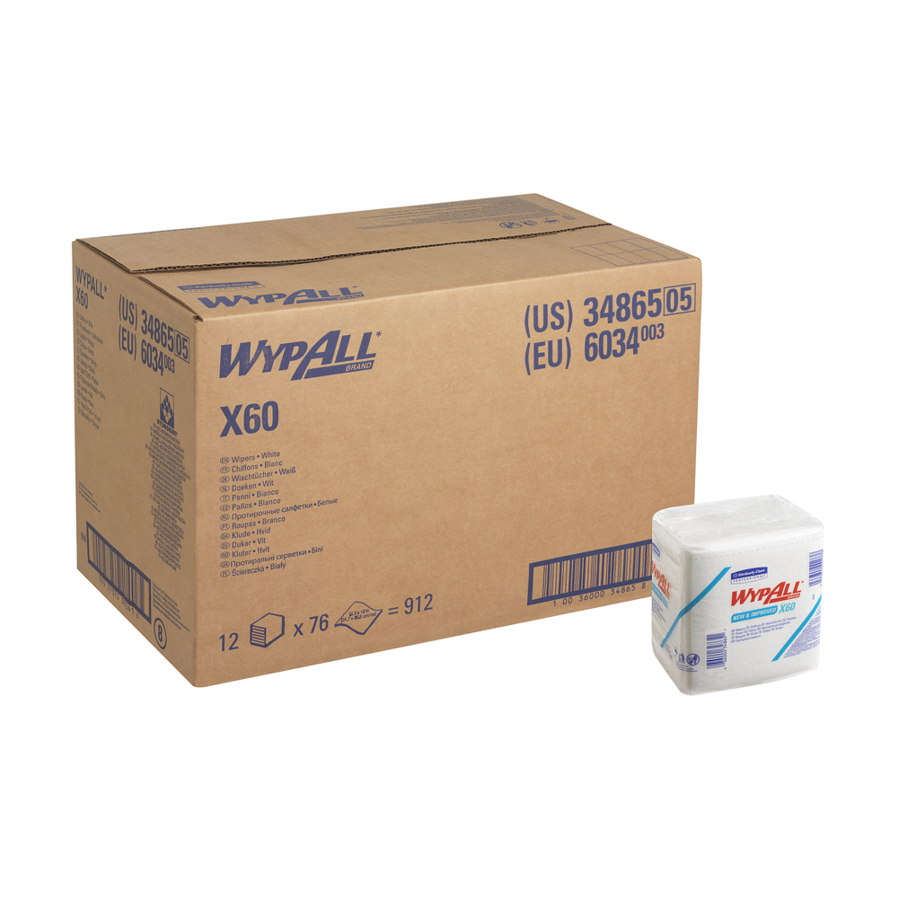 WypAll® X60 1/4 Fold Cloths 6034 - 12 packs x 76 quarter-fold, white cloths - 6034