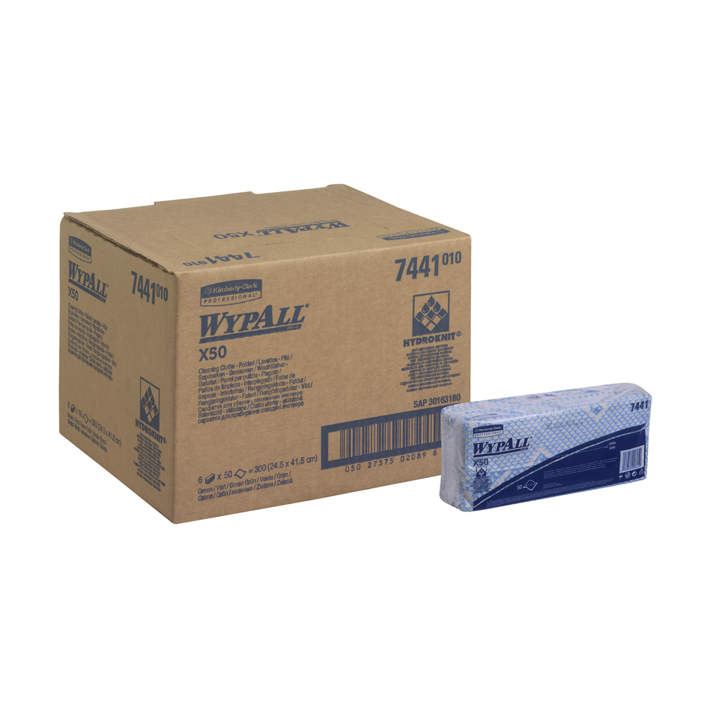 WypAll® X50 Colour Coded Cleaning Cloths 7441 - Blue Wiping Cloths - 6 Packs x 50 Interfolded Colour Coded Cloths (300 total) - 7441