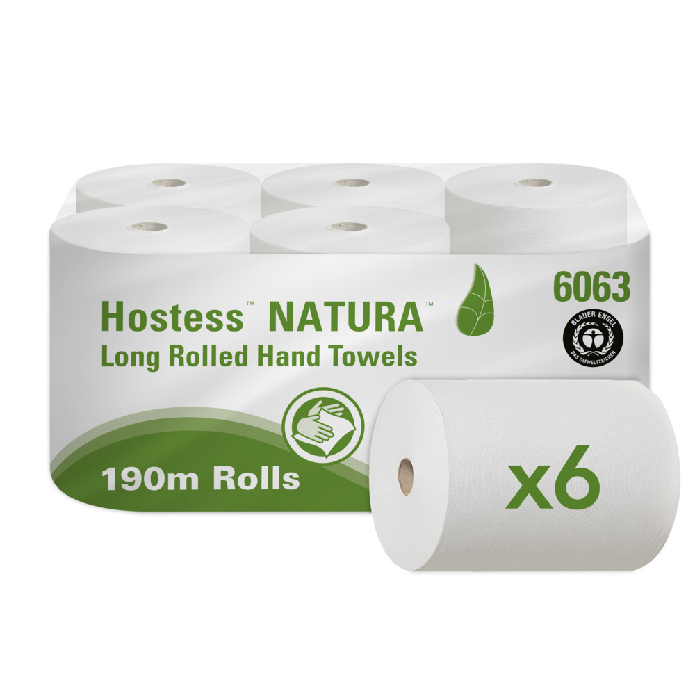 Hostess™ NATURA™ 100% Recycled Paper Towels 6063 - 1 Ply Rolled Paper Towels - 6 x 190m Hand Towel Rolls (1,140m total) - 6063