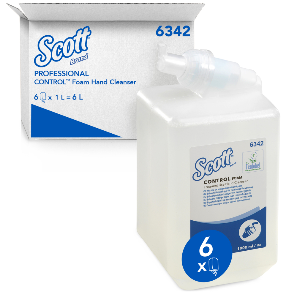 Scott® Control™ Foam Frequent Use Hand Cleanser 6342 - Unscented Foaming Hand Soap - 6 x 1 Litre Clear Hand Wash Refills (6 Litre total) - 6342