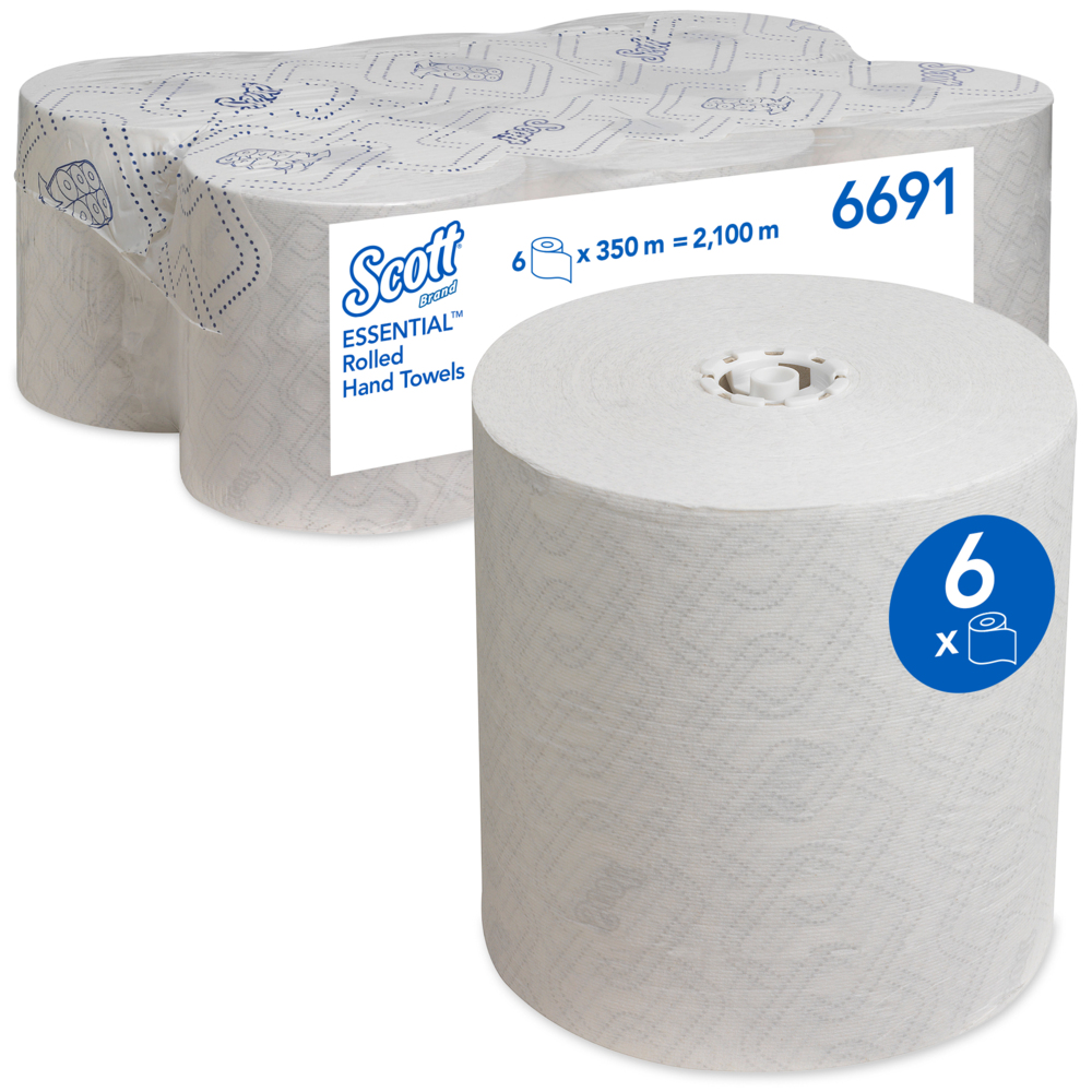 Scott® Essential™ Rolled Hand Towels 6691 - Rolled Paper Towels - 6 x 350m White Paper Towel Rolls (2,100m total)