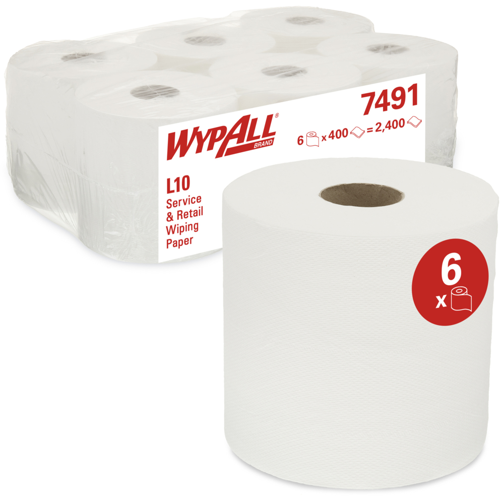 WypAll® Service & Retail Wiping Paper L10 Centrefeed for Roll Control™ Dispenser 7491 - 6 rolls x 400 sheets, 1 ply, white