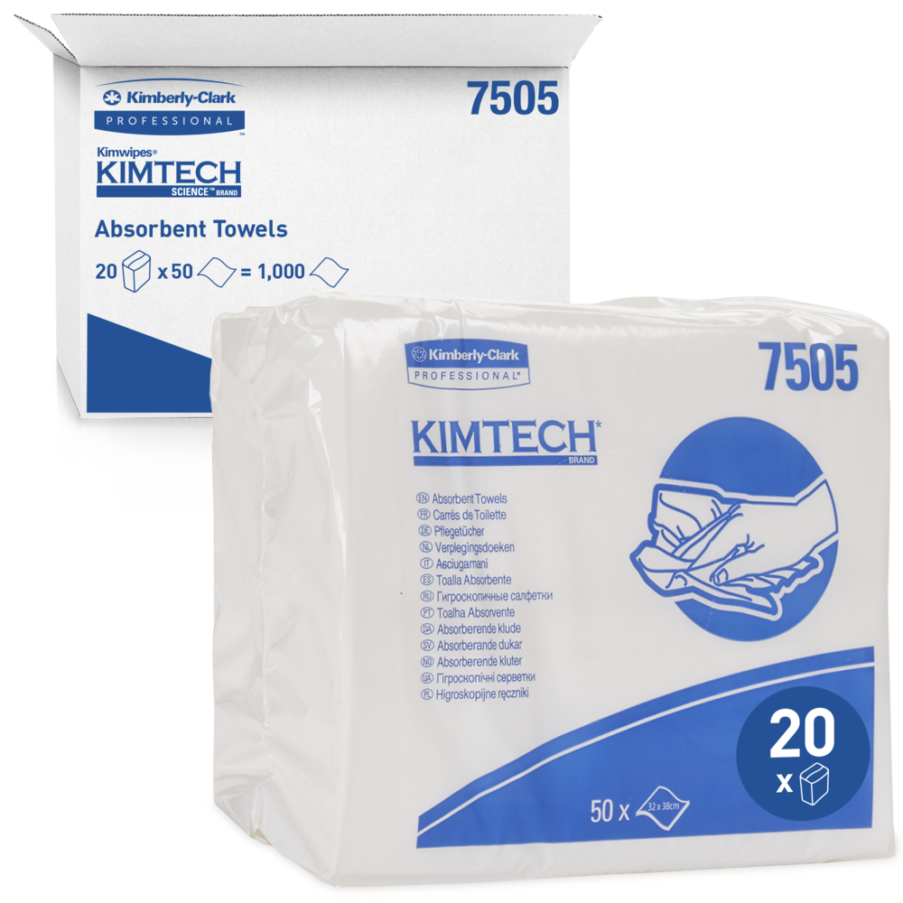 Kimtech® Absorbent Folded Towels 7505 - 50 white sheets per bag (case contains 20 bags) - 7505