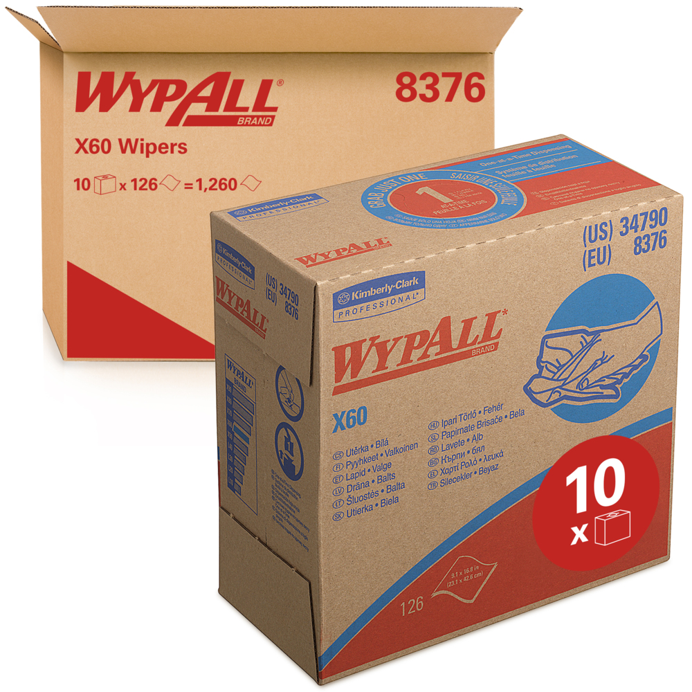 WypAll® X60 Cloths 8376 - Cleaning Cloths - 10 Pop-Up Boxes x 126 White Wiping Cloths  (1,260 total)