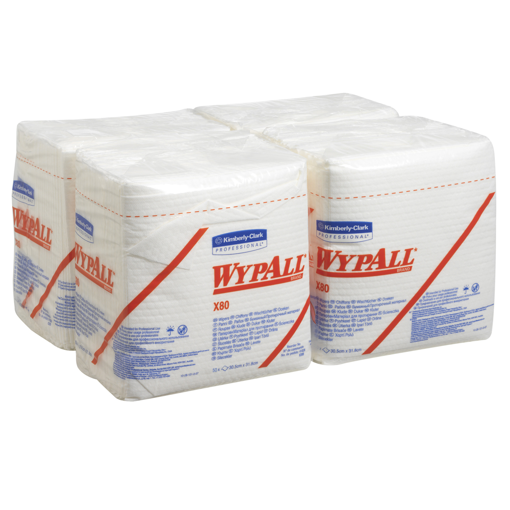 WypAll® X80 Cloths 8388 - 4 packs x 50 quarter-fold, white, 1 ply cloths - 8388