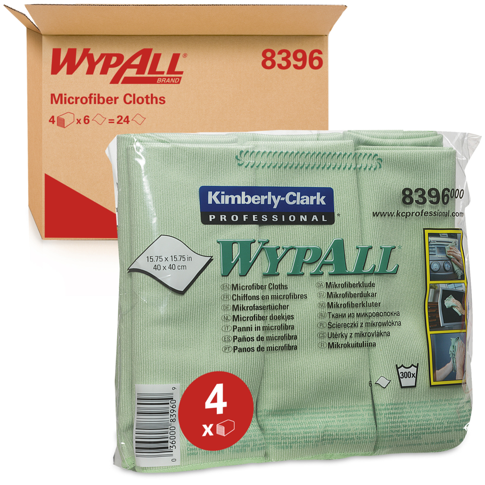 WypAll® Microfibre Cloths 8396 - 6 green, 40 x 40cm cloths per Carry Pack (case contains 4 Carry Packs) - 8396