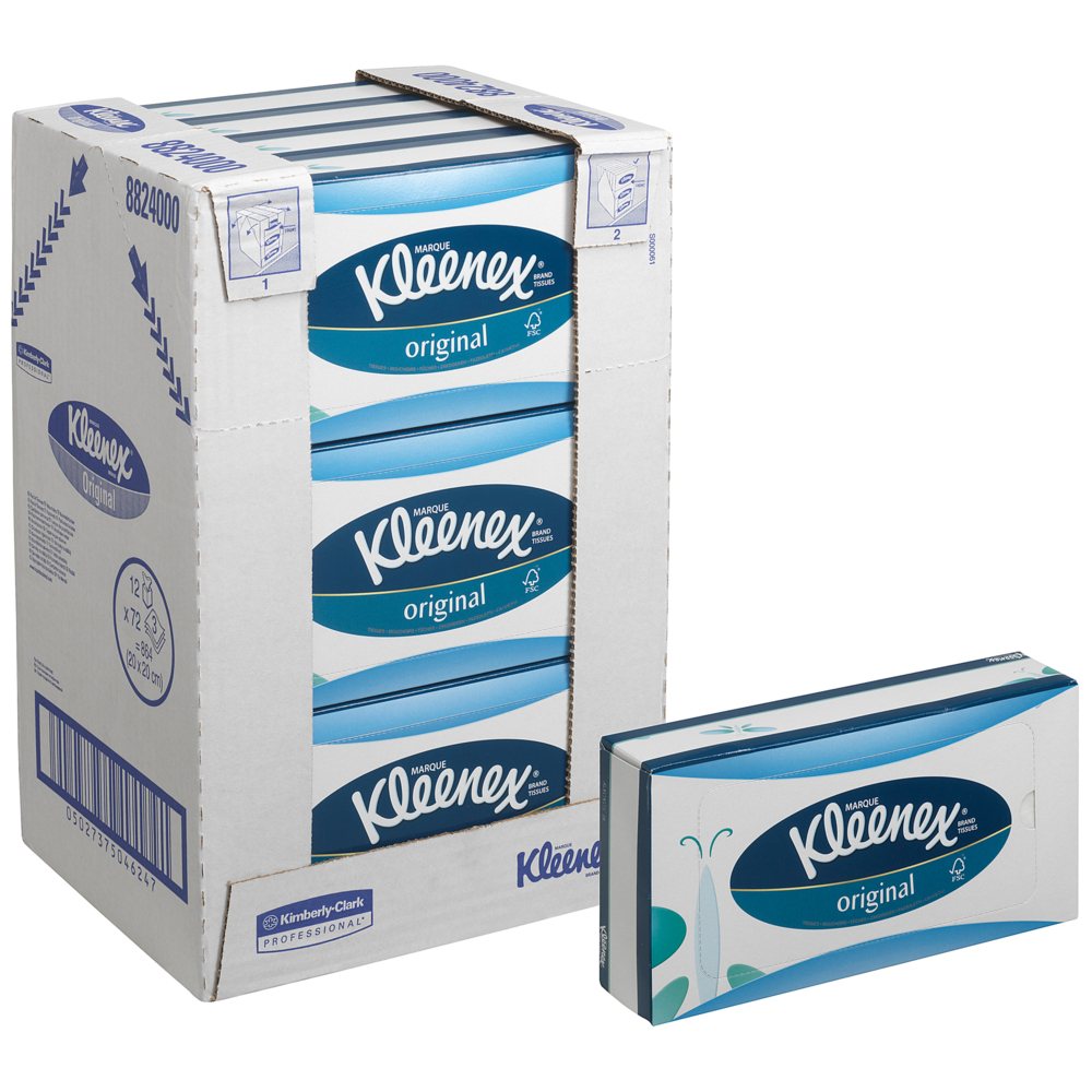 Kleenex® Facial Tissues 8824 - 3 Ply Boxed Tissues - 12 Flat Tissue Boxes x 72 White Facial Tissues (864 sheets) - 8824