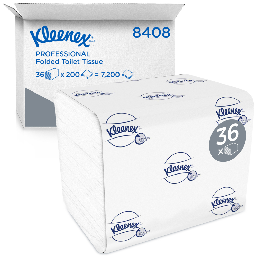 Kleenex® Folded Toilet Tissue 8408 - 2 Ply Bulk Toilet Paper - 36 Packs x 200 Toilet Paper Sheets (7,200 sheets) - 8408