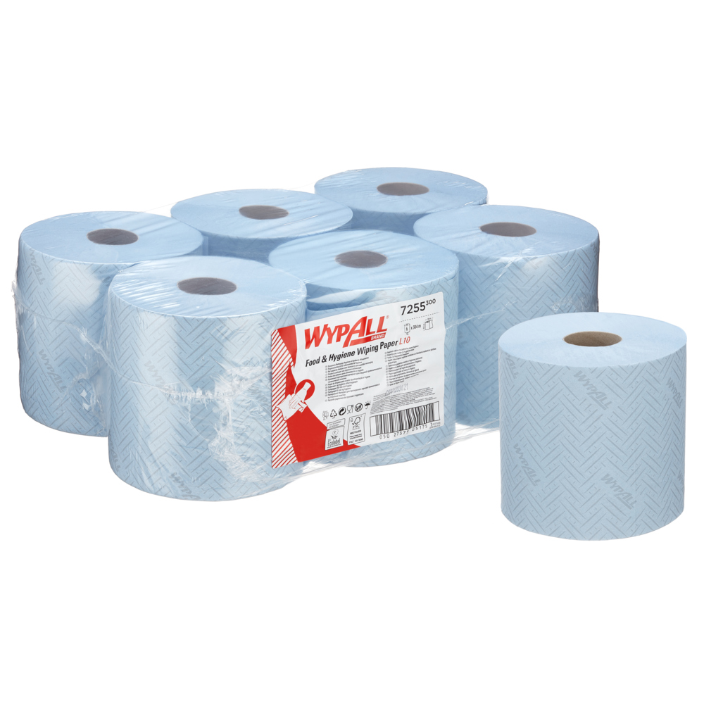 WypAll® L10 Food & Hygiene Wiping Paper 7255 - 1 Ply Centrefeed Blue Roll - 6 Centrefeed Rolls x 800 Paper Wipes (4,800 total)