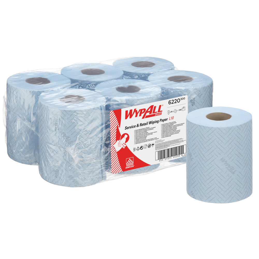 WypAll® L10 Service & Retail Wiping Paper 6220 - 1 Ply Centrefeed Blue Roll - 6 Centrefeed Rolls x 280 Paper Wipes (1,680 total)