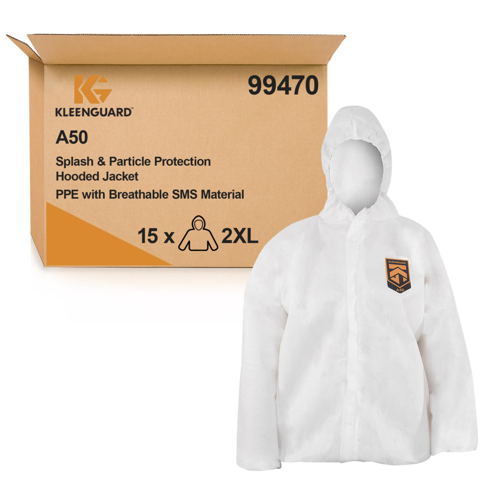 KleenGuard® A50 Breathable Splash & Particle Protection Hooded Jacket 99470 - White, 2XL, 1x15 (15 total) - 99470