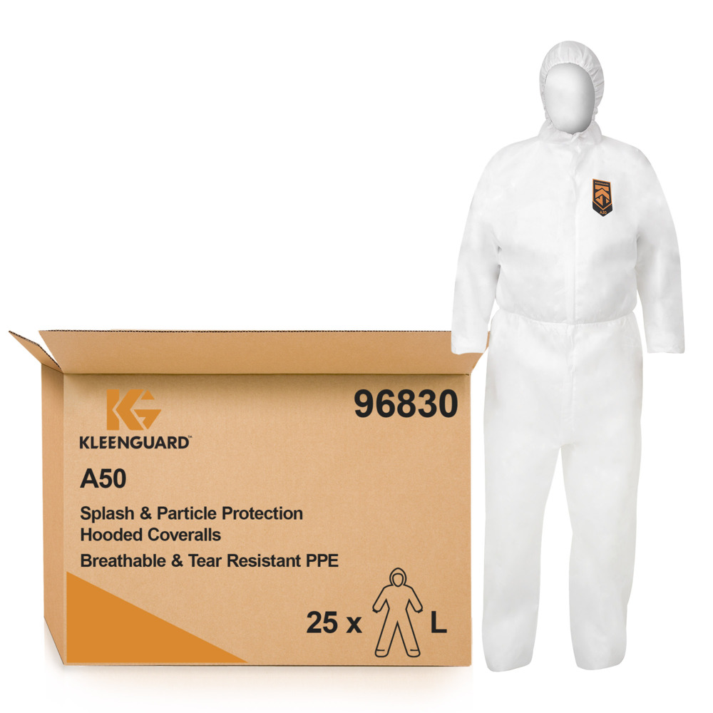 KleenGuard® A50 Breathable Splash & Particle Protection Hooded Coveralls 96830 - PPE - 25 x Large, White Protective Coveralls - 96830