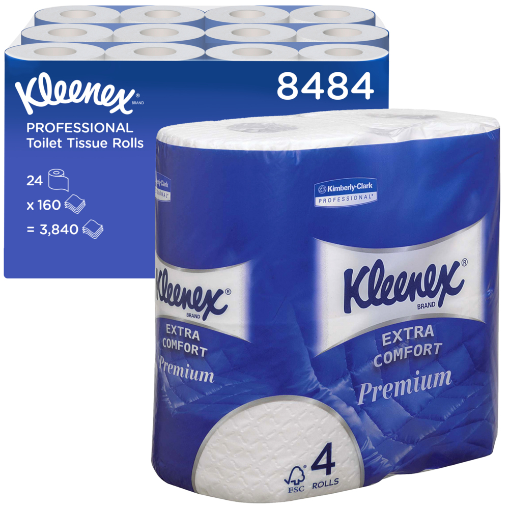 Kleenex® Standard Size Toilet Roll 8484 - 4 Ply Toilet Paper - 24 Rolls x 160 White Toilet Tissue Sheets (3,840 sheets) - 8484
