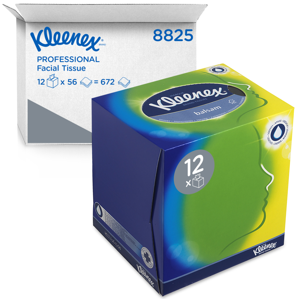 Kleenex® Balsam Facial Tissue Cube 8825 - 3 Ply Boxed Tissues - 12 Tissue Boxes x 56 White Facial Tissues (672 sheets)