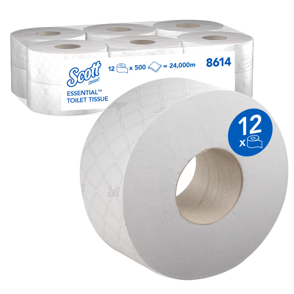 Scott® Essential™ Jumbo Roll Toilet Tissue 8614 - 2 Ply Toilet Paper - 12 Rolls x 500 White Toilet Paper Sheets (2,400m)