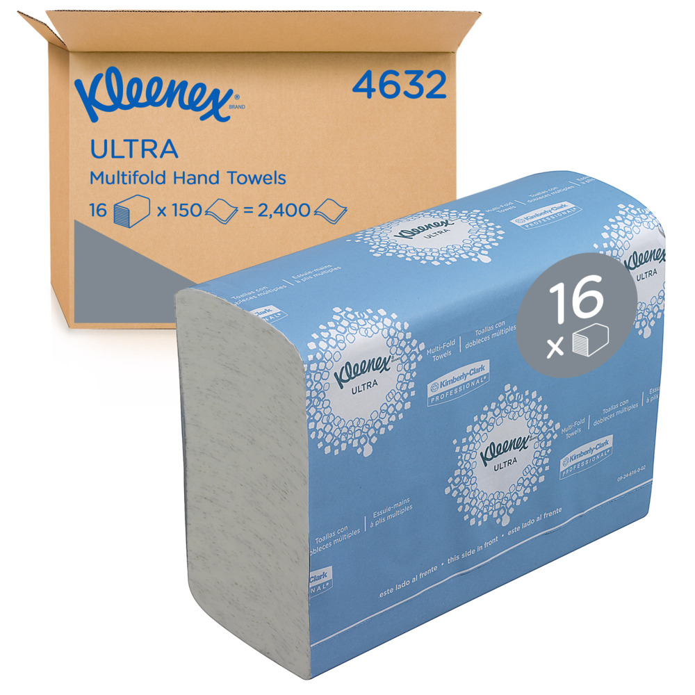 Kleenex® Folded Hand Towels 4632 -  2 Ply Multifold Paper Hand Towels - 16 Packs x 150 Small White Paper Towels (2,400 Total) - 4632