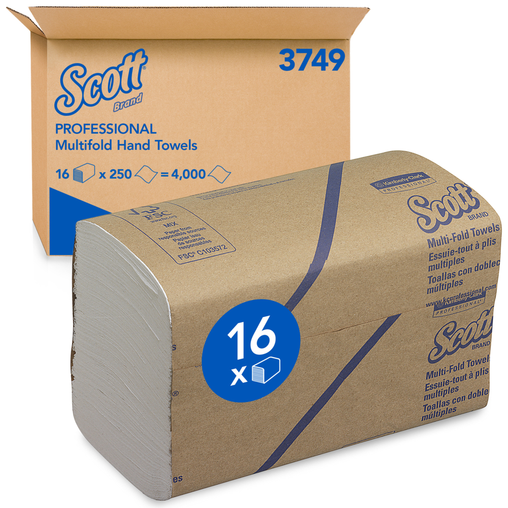 Scott® Multifold Hand Towels 3749 - Folded Paper Hand Towels - 16 Packs x 250 White Paper Towels (4,000 Total) - 3749