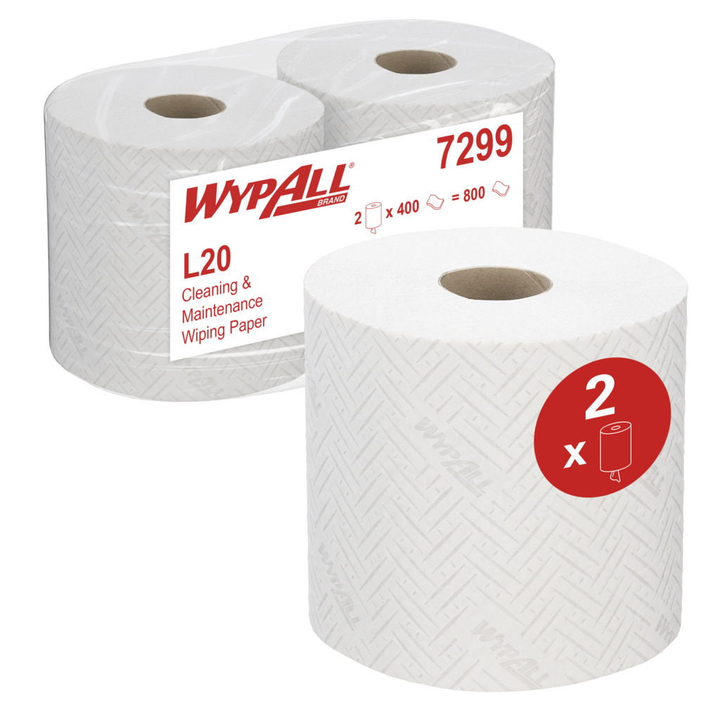 WypAll® L20 Cleaning and Maintenance Wiping Paper 7299 - 2 Ply Centrefeed Rolls - 2 Rolls x 400 White Paper Wipers (800 Total) - 7299