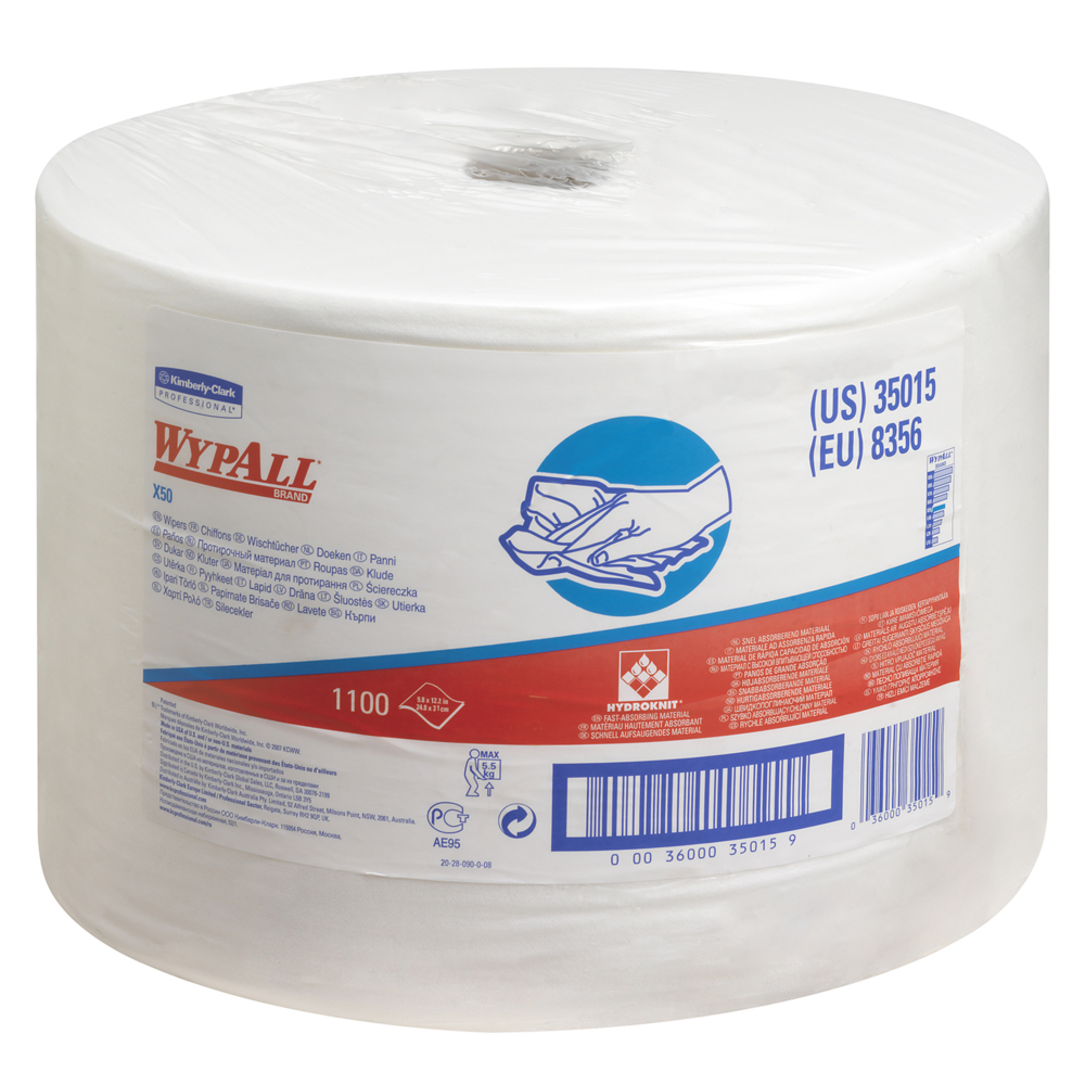WypAll® X50 Cloths 8356 - 1 large roll x 1,100 white, 1 ply cloths - 8356