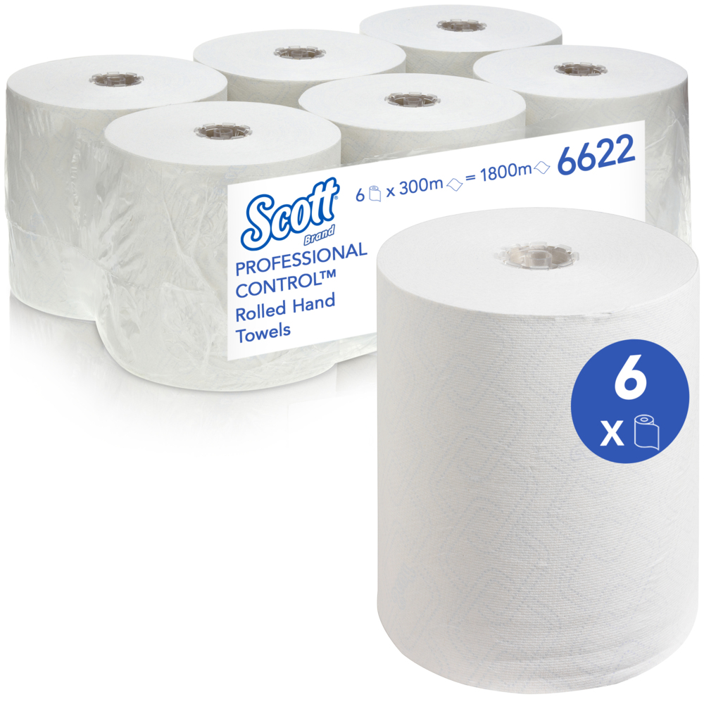 Scott® Control™ Rolled Hand Towels 6622 - 6 x 300m white, 1 ply rolls