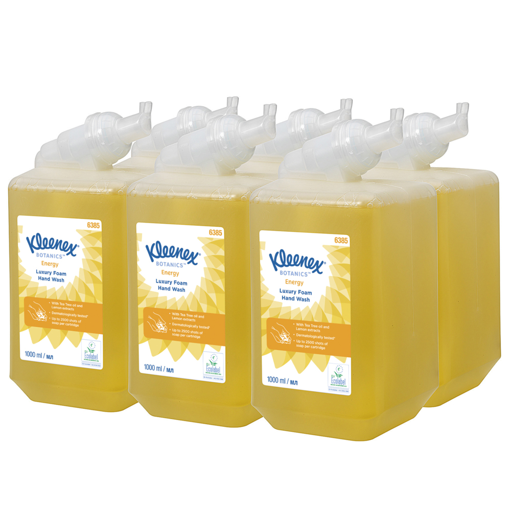 Kleenex® Botanics™ Energy Luxury Foam Hand Wash 6385 - Scented Foaming Hand Cleanser - 6 x 1 Litre Yellow Hand Wash Refills (6 Litre total) - 6385