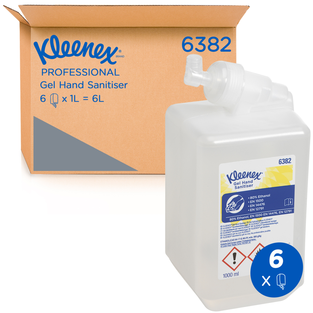 Kleenex® Alcohol Hand Sanitiser Gel 6382 - 6 x 1 Litre Clear Hand Sanitiser Refills (6 Litres Total)