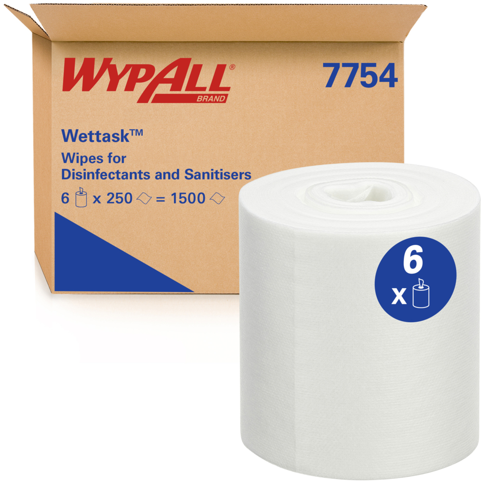 WypAll® Wettask™ Wipes for Disinfectants & Sanitisers 7754 - Multi Surface Wipes - 6 Rolls x 250 White Cleaning Wipes (1,500 Total) - 7754